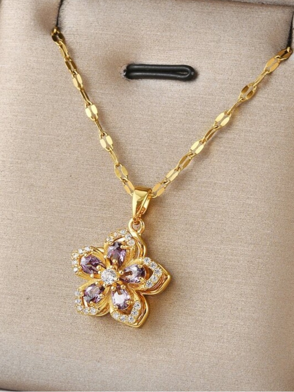 Spinning Purple Gold Flower Pendant Necklace with Pink Gem Accents